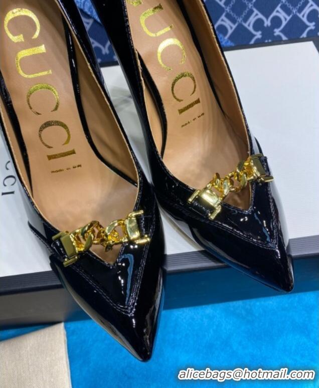 Best Price Gucci Glaze Leather Chain Pointed Pumps Black 033127 2021