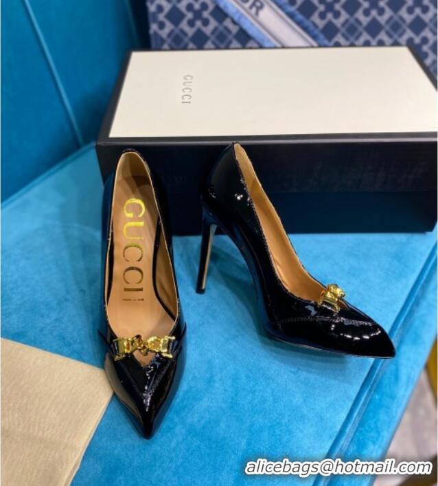 Best Price Gucci Glaze Leather Chain Pointed Pumps Black 033127 2021