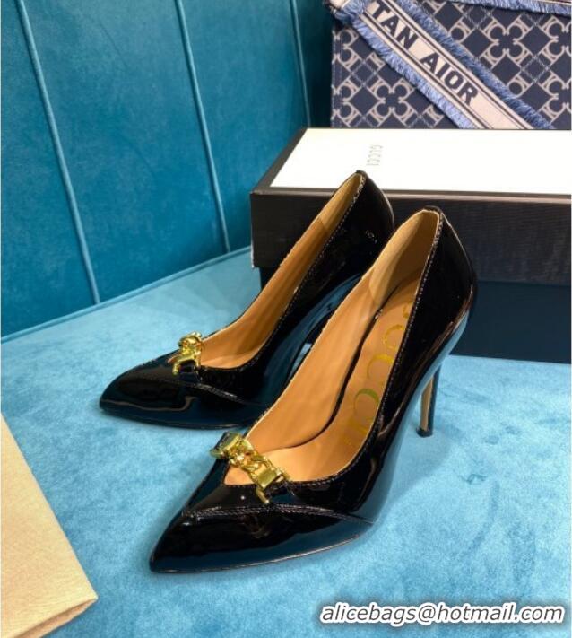 Best Price Gucci Glaze Leather Chain Pointed Pumps Black 033127 2021