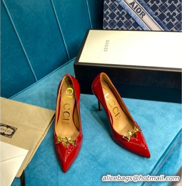 Discount Design Gucci Glaze Leather Chain Pointed Pumps Red 033128 2021