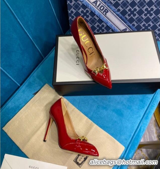 Discount Design Gucci Glaze Leather Chain Pointed Pumps Red 033128 2021