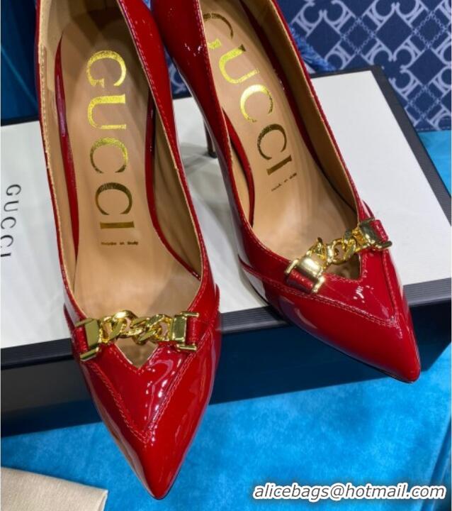 Discount Design Gucci Glaze Leather Chain Pointed Pumps Red 033128 2021