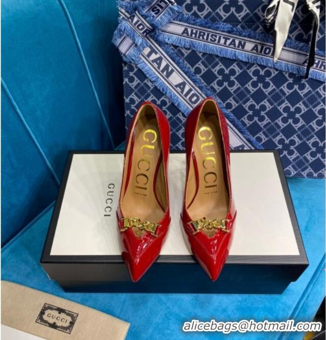 Discount Design Gucci Glaze Leather Chain Pointed Pumps Red 033128 2021