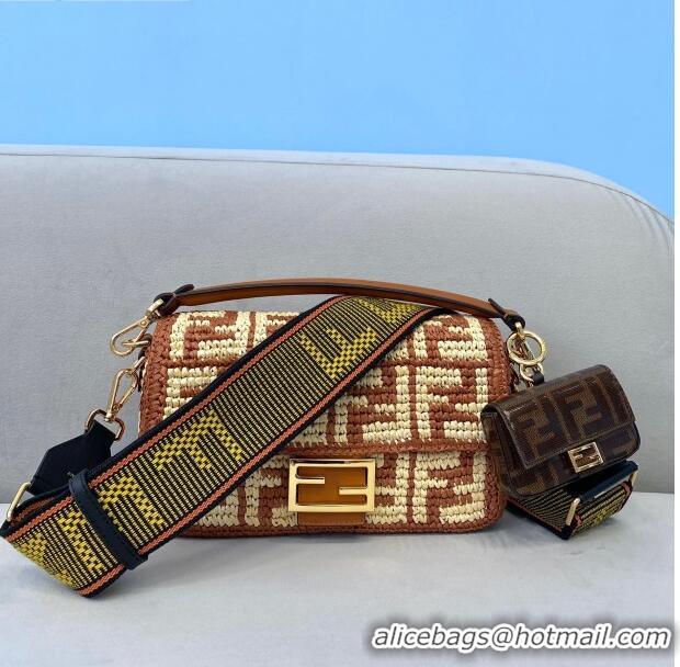 Famous Brand Fendi Raffia Baguette Medium Bag FD2010 Brown 2021