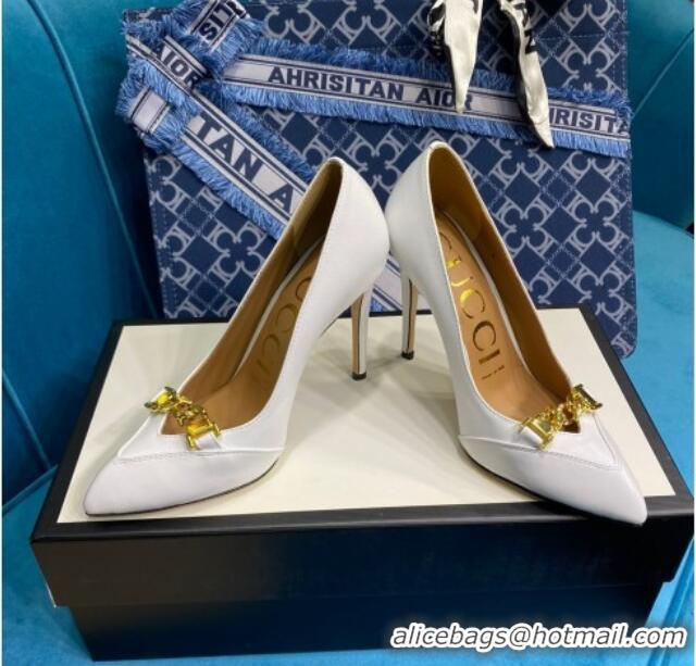 Custom Gucci Glaze Leather Chain Pointed Pumps 033129 White 2021