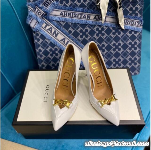 Custom Gucci Glaze Leather Chain Pointed Pumps 033129 White 2021