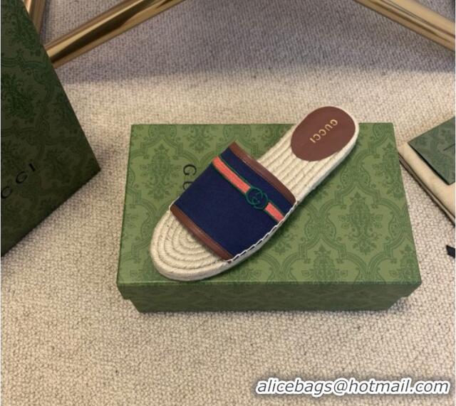 Top Quality Gucci Epilogue Canvas Web Espadrille Slide Sandal 331104 Navy Blue