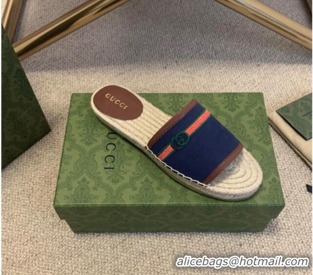 Top Quality Gucci Epilogue Canvas Web Espadrille Slide Sandal 331104 Navy Blue