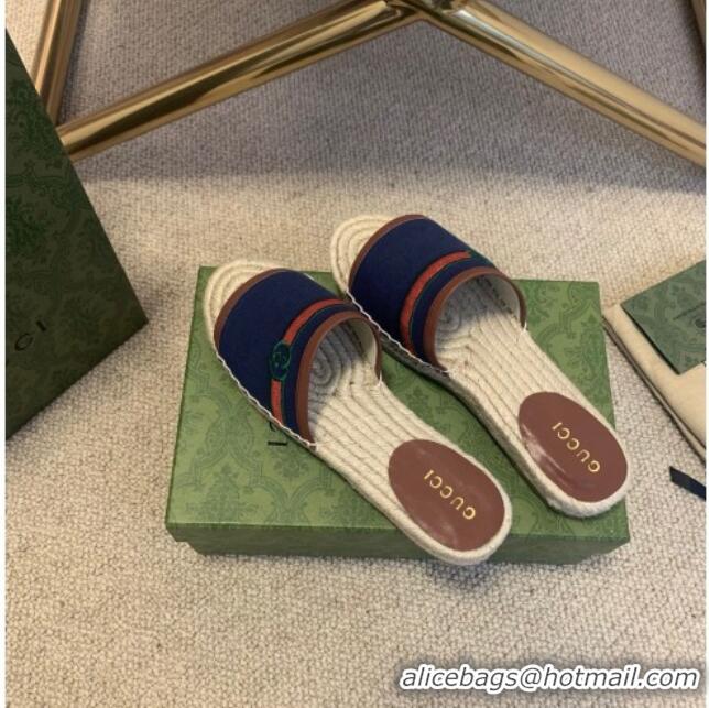 Top Quality Gucci Epilogue Canvas Web Espadrille Slide Sandal 331104 Navy Blue