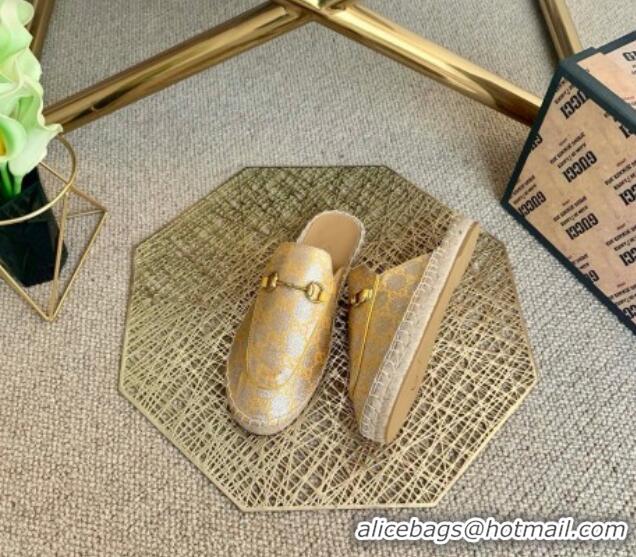 Low Price Gucci Jordaan GG Leather Espadrille Mules Gold 2021