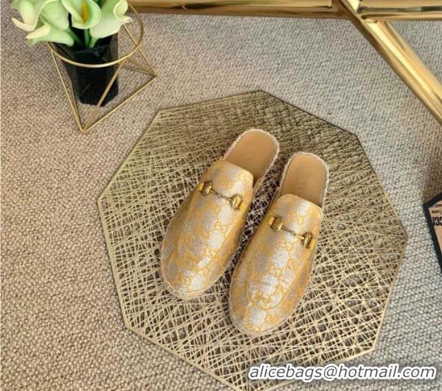 Low Price Gucci Jordaan GG Leather Espadrille Mules Gold 2021