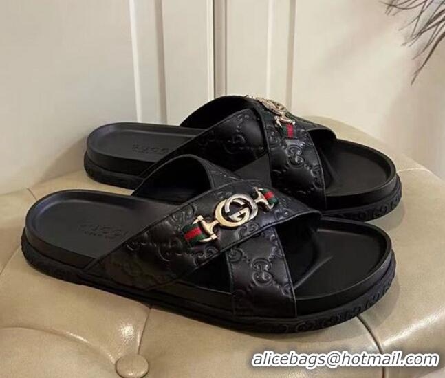 Luxury Cheap Gucci Men's Zumi GG Leather Sandals 040884 Black 2021