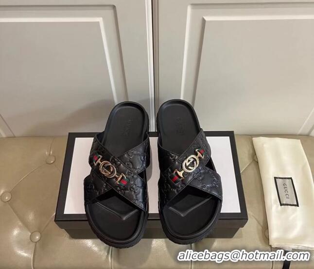 Popular Style Gucci Men's Zumi GG Leather Slide Sandals 040885 Black 2021