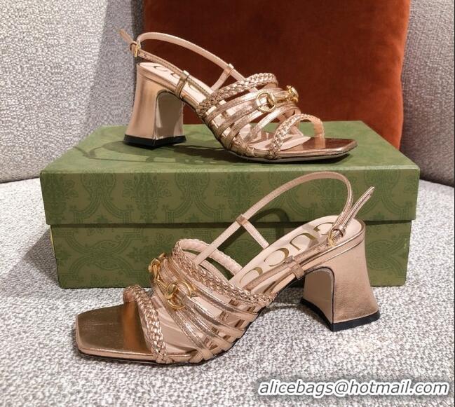 New Design Gucci Leather Strap Heel Sandal with Horsebit 645404 Gold 2021