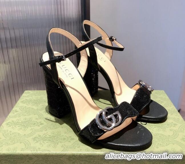 Low Price Gucci Leather GG Strap High-heel Sandals 040935 Black/Silver