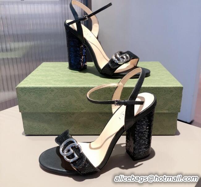 Low Price Gucci Leather GG Strap High-heel Sandals 040935 Black/Silver