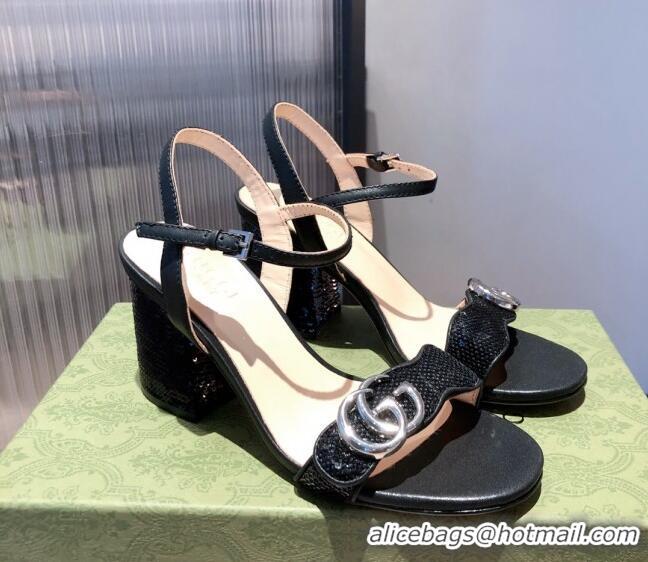 Cute Gucci Leather GG Strap Mid-heel Sandals 040936 Black/Silver