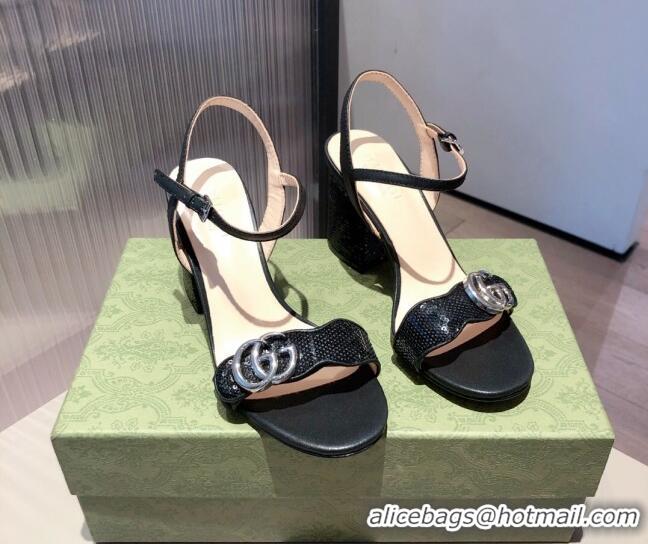 Cute Gucci Leather GG Strap Mid-heel Sandals 040936 Black/Silver