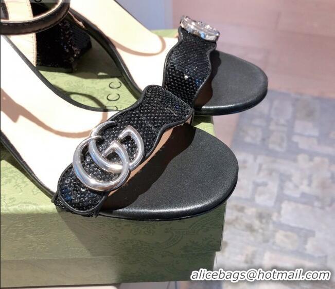 Cute Gucci Leather GG Strap Mid-heel Sandals 040936 Black/Silver