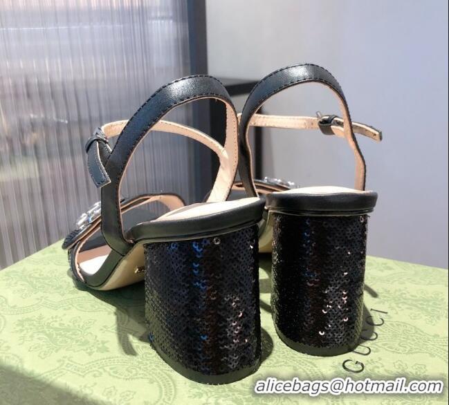 Cute Gucci Leather GG Strap Mid-heel Sandals 040936 Black/Silver