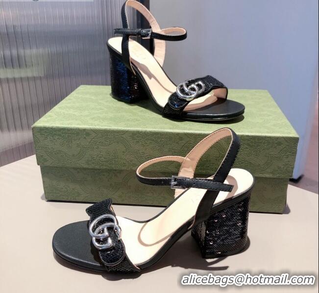 Cute Gucci Leather GG Strap Mid-heel Sandals 040936 Black/Silver