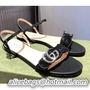 New Style Gucci Sequin GG Strap Flat Sandals 040937 Black/Silver