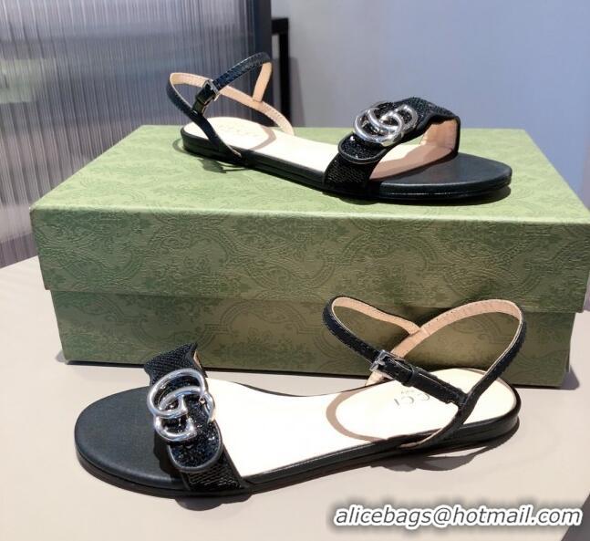 New Style Gucci Sequin GG Strap Flat Sandals 040937 Black/Silver