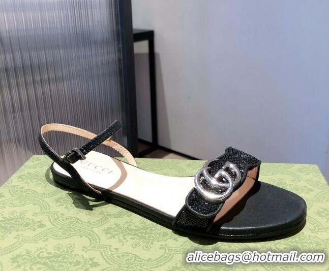 New Style Gucci Sequin GG Strap Flat Sandals 040937 Black/Silver