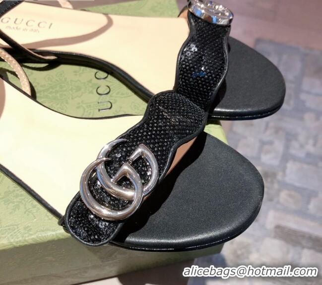 New Style Gucci Sequin GG Strap Flat Sandals 040937 Black/Silver