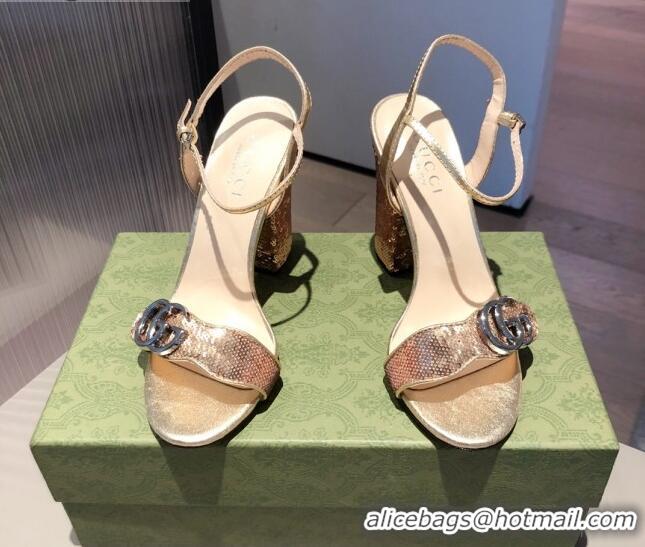 Most Popular Gucci Sequin GG Strap High-heel Sandals 040940 Gold/Silver 2021