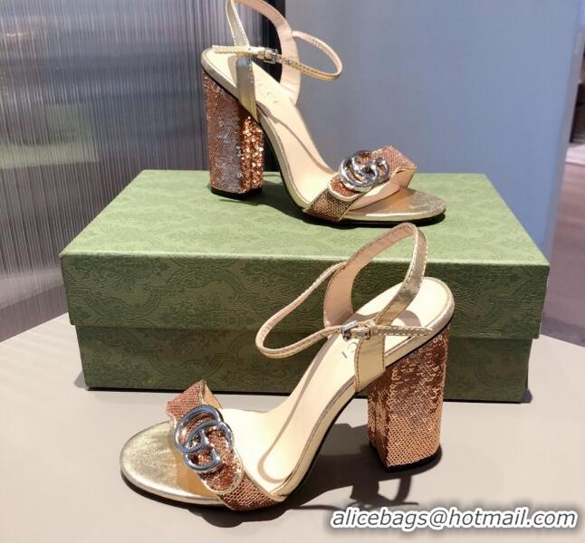 Most Popular Gucci Sequin GG Strap High-heel Sandals 040940 Gold/Silver 2021