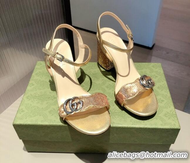 Top Quality Gucci Sequin GG Strap Mid-heel Sandals 040941 Gold/Silver 2021