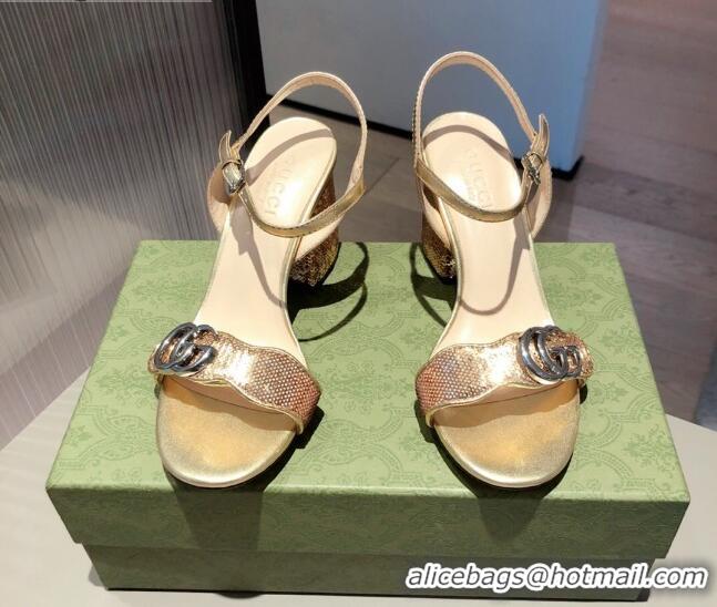 Top Quality Gucci Sequin GG Strap Mid-heel Sandals 040941 Gold/Silver 2021