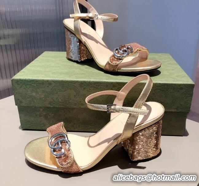 Top Quality Gucci Sequin GG Strap Mid-heel Sandals 040941 Gold/Silver 2021