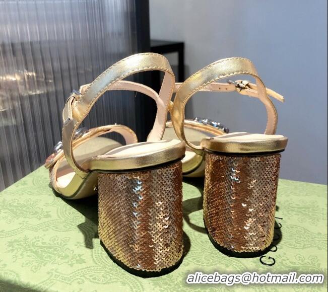 Top Quality Gucci Sequin GG Strap Mid-heel Sandals 040941 Gold/Silver 2021