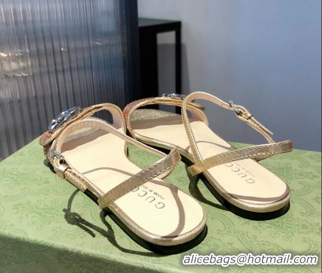 Perfect Gucci Sequin GG Strap Flat Sandals 040942 Gold/Silver 2021