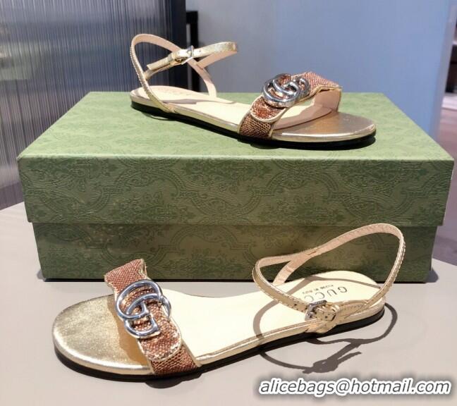 Perfect Gucci Sequin GG Strap Flat Sandals 040942 Gold/Silver 2021