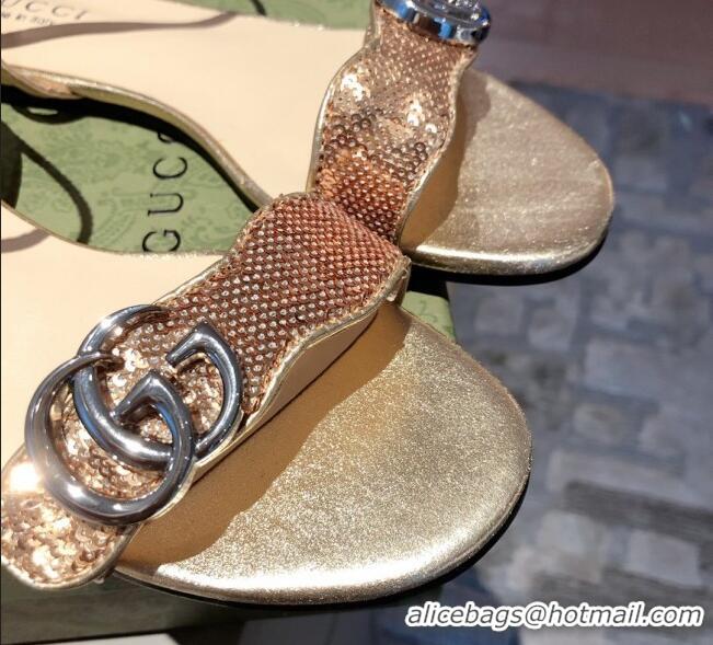 Perfect Gucci Sequin GG Strap Flat Sandals 040942 Gold/Silver 2021