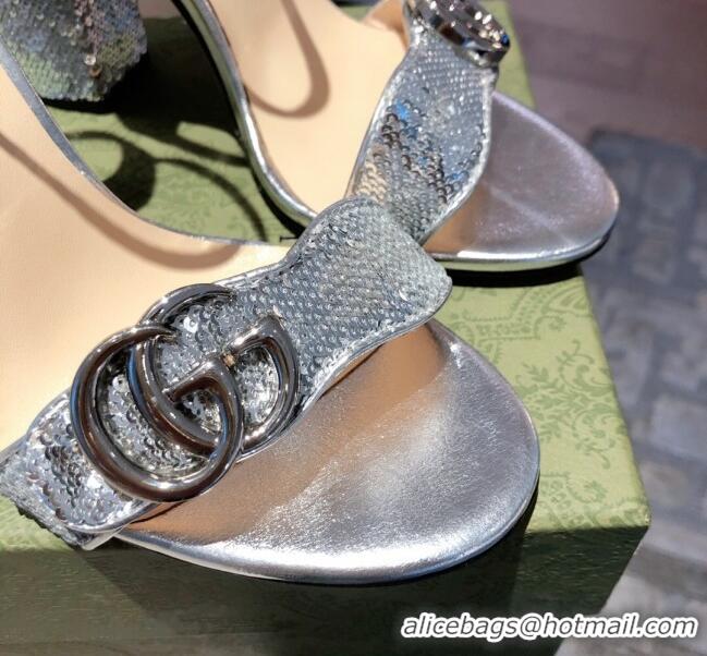 Unique Grade Gucci Sequin GG Strap High-heel Sandals Bright 040943 Silver 2021