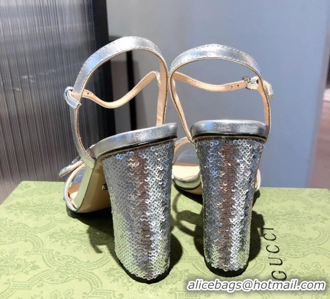 Unique Grade Gucci Sequin GG Strap High-heel Sandals Bright 040943 Silver 2021