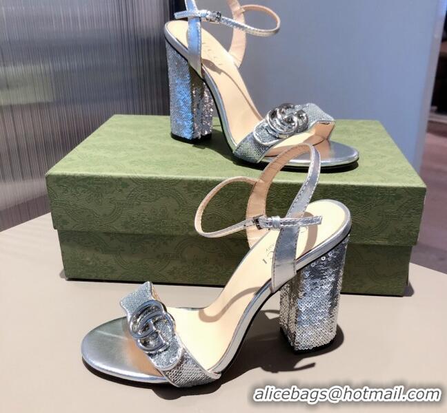 Unique Grade Gucci Sequin GG Strap High-heel Sandals Bright 040943 Silver 2021