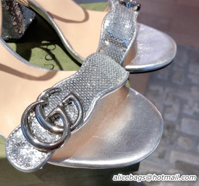 Discount Gucci Sequin GG Strap Mid-heel Sandals Bright 040944 Silver 2021