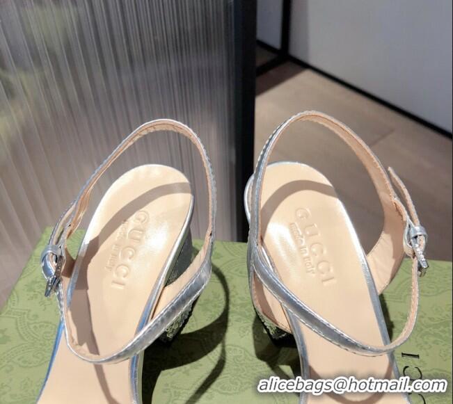 Discount Gucci Sequin GG Strap Mid-heel Sandals Bright 040944 Silver 2021