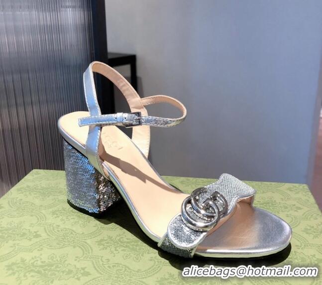 Discount Gucci Sequin GG Strap Mid-heel Sandals Bright 040944 Silver 2021