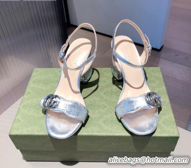 Discount Gucci Sequin GG Strap Mid-heel Sandals Bright 040944 Silver 2021