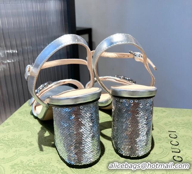 Discount Gucci Sequin GG Strap Mid-heel Sandals Bright 040944 Silver 2021