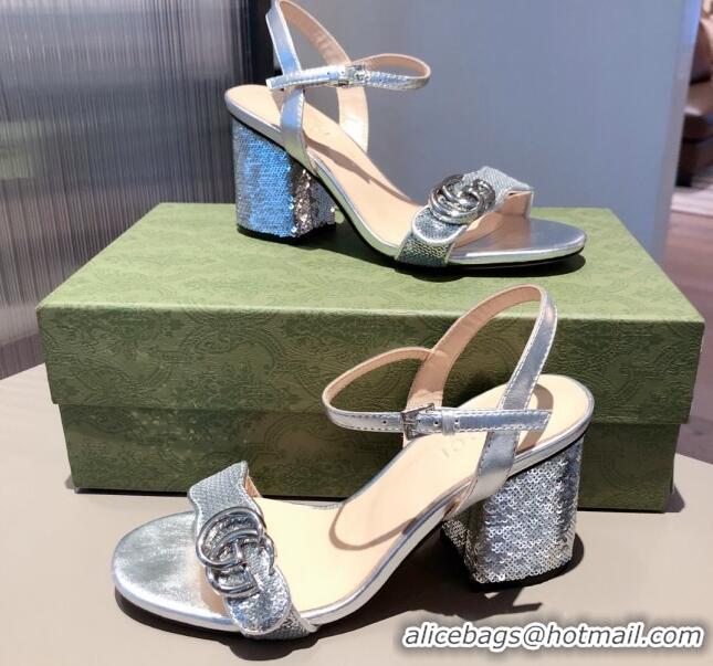 Discount Gucci Sequin GG Strap Mid-heel Sandals Bright 040944 Silver 2021