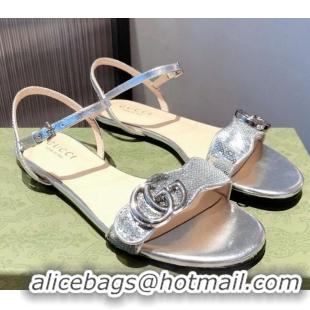 Cheap Design Gucci Sequin GG Strap Flat Sandals Bright 040945 Silver 2021