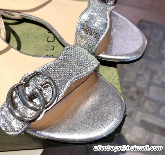 Cheap Design Gucci Sequin GG Strap Flat Sandals Bright 040945 Silver 2021