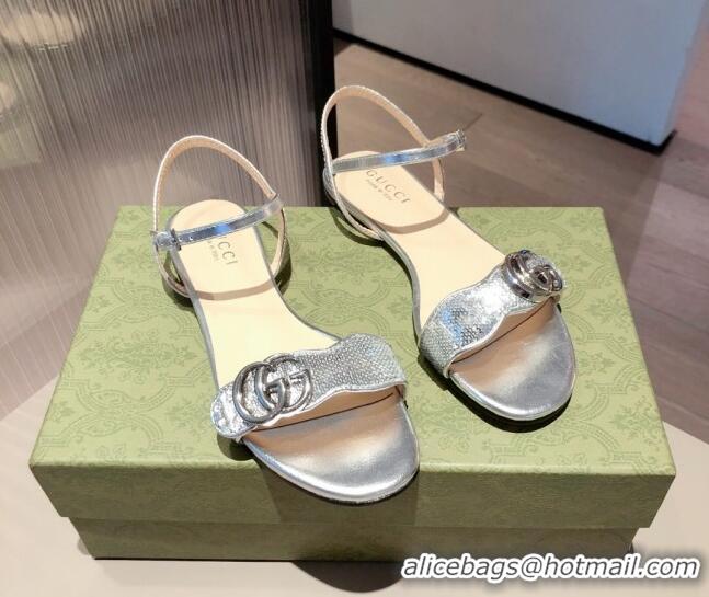 Cheap Design Gucci Sequin GG Strap Flat Sandals Bright 040945 Silver 2021